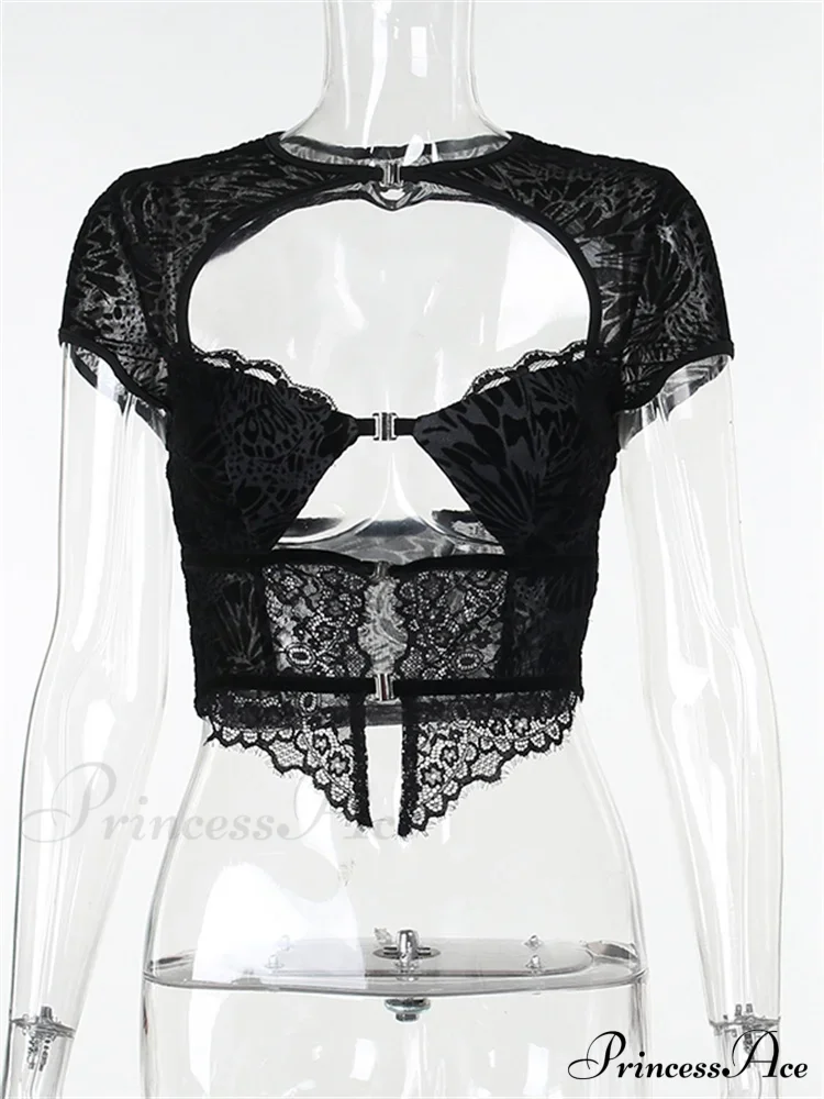 Fairycore Grunge Lace Backless Hollow Out Short Sleeve T-Shirts - Image 4