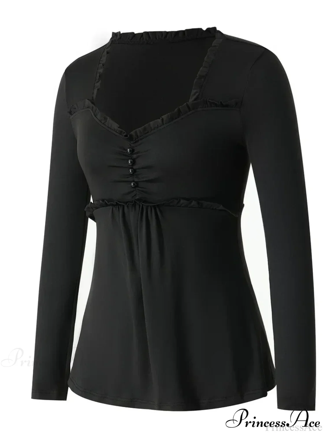 V-neck Ruched Solid Color Vintage Ruched Buttons T-Shirts - Image 4