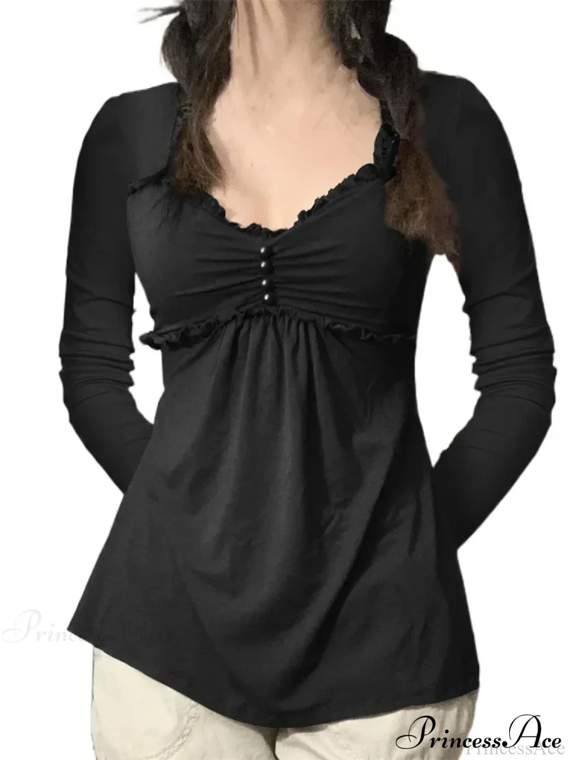 V-neck Ruched Solid Color Vintage Ruched Buttons T-Shirts - Image 7