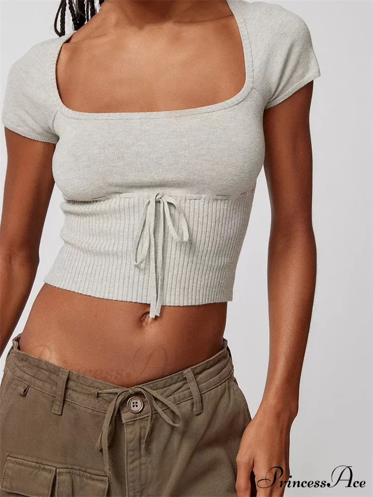 Knitted Ribbed Solid Color Short Sleeve Square Neck Drawstring T-shirts - Image 7