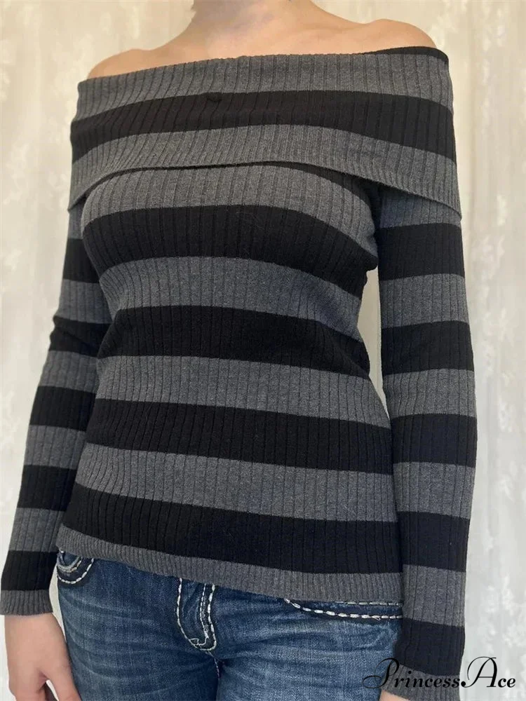 Retro Slash Neck Off Shoulder RibbedLong Sleeve Knit Top - Image 4