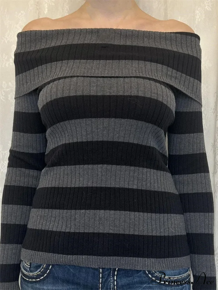 Retro Slash Neck Off Shoulder RibbedLong Sleeve Knit Top - Image 5