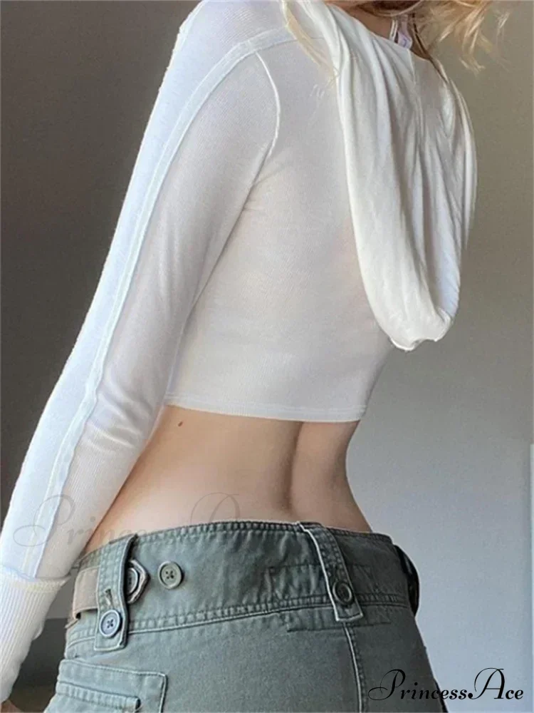 Hooded Ribbed Long Sleeve Deep V Neck Solid Color Slim Fit T-shirts - Image 2