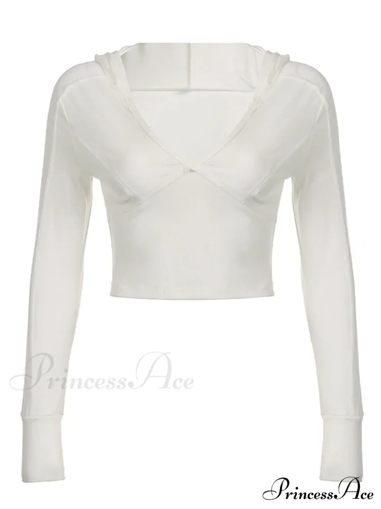 Hooded Ribbed Long Sleeve Deep V Neck Solid Color Slim Fit T-shirts - Image 3