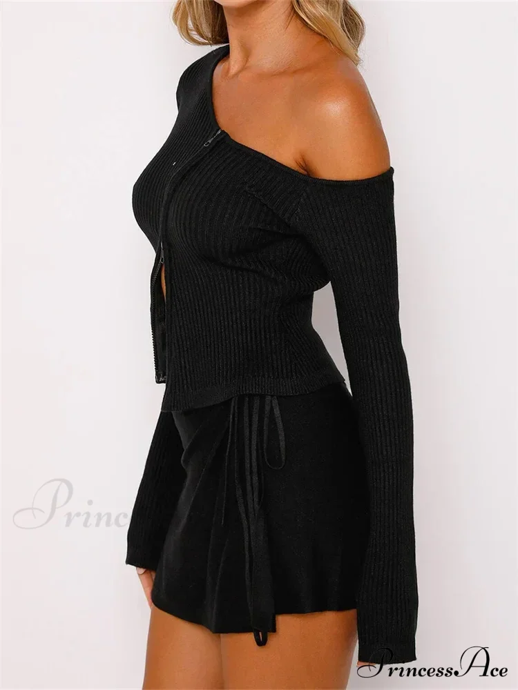 Long Sleeve Off Shoulder Front Zip Up Ribbed Knitted Cardigan T-Shirts - Image 3