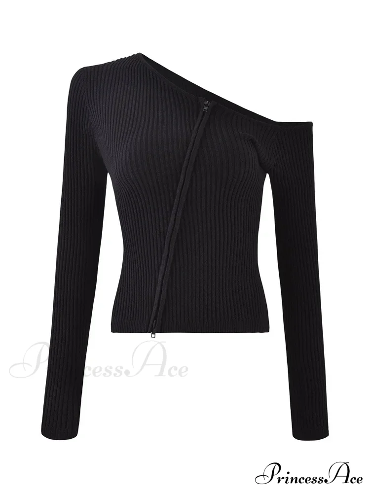 Long Sleeve Off Shoulder Front Zip Up Ribbed Knitted Cardigan T-Shirts - Image 5
