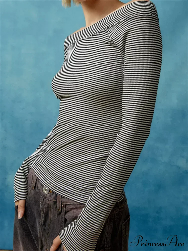 Long Sleeve Slim Colorful Striped Print Slash Neck T-Shirts - Image 5
