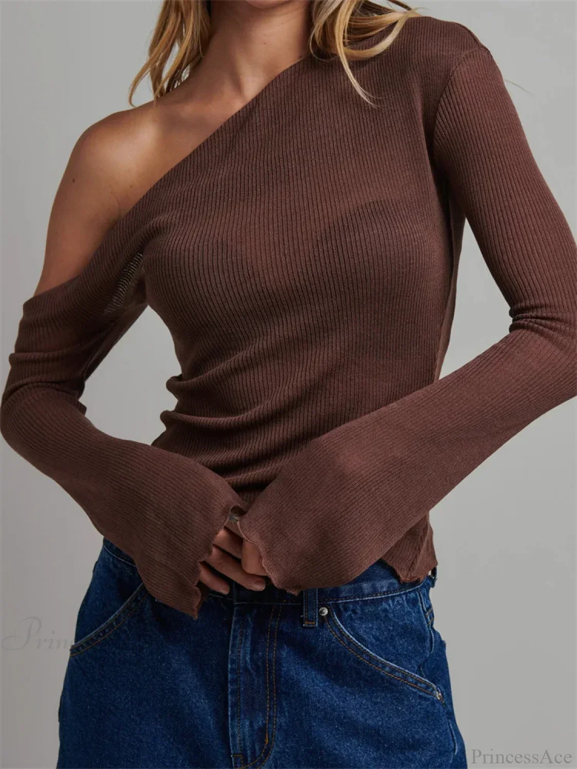 Knitted Long Flare Sleeve Solid Slim Fit T-shirt