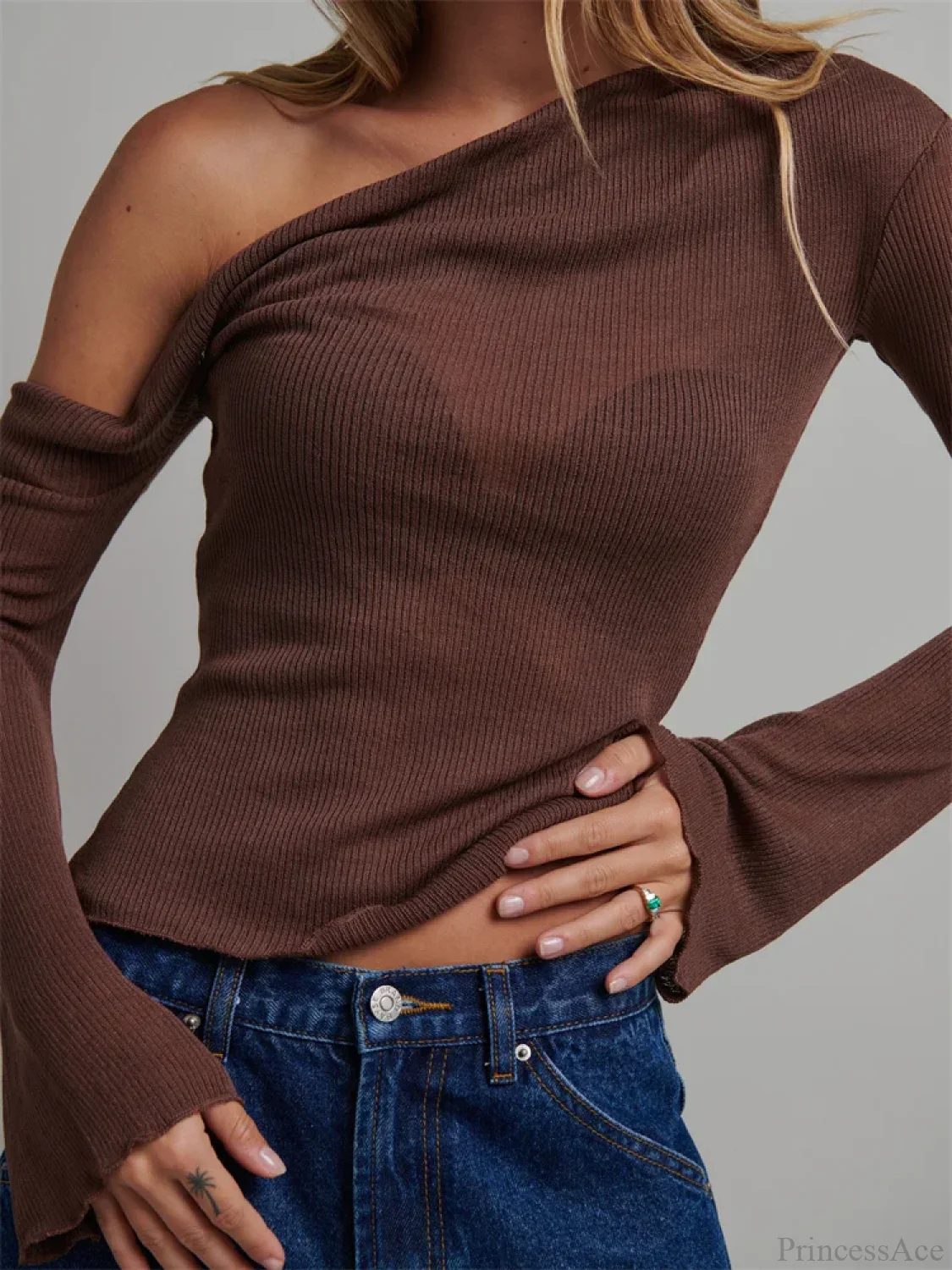 Knitted Long Flare Sleeve Solid Slim Fit T-shirt - Image 3