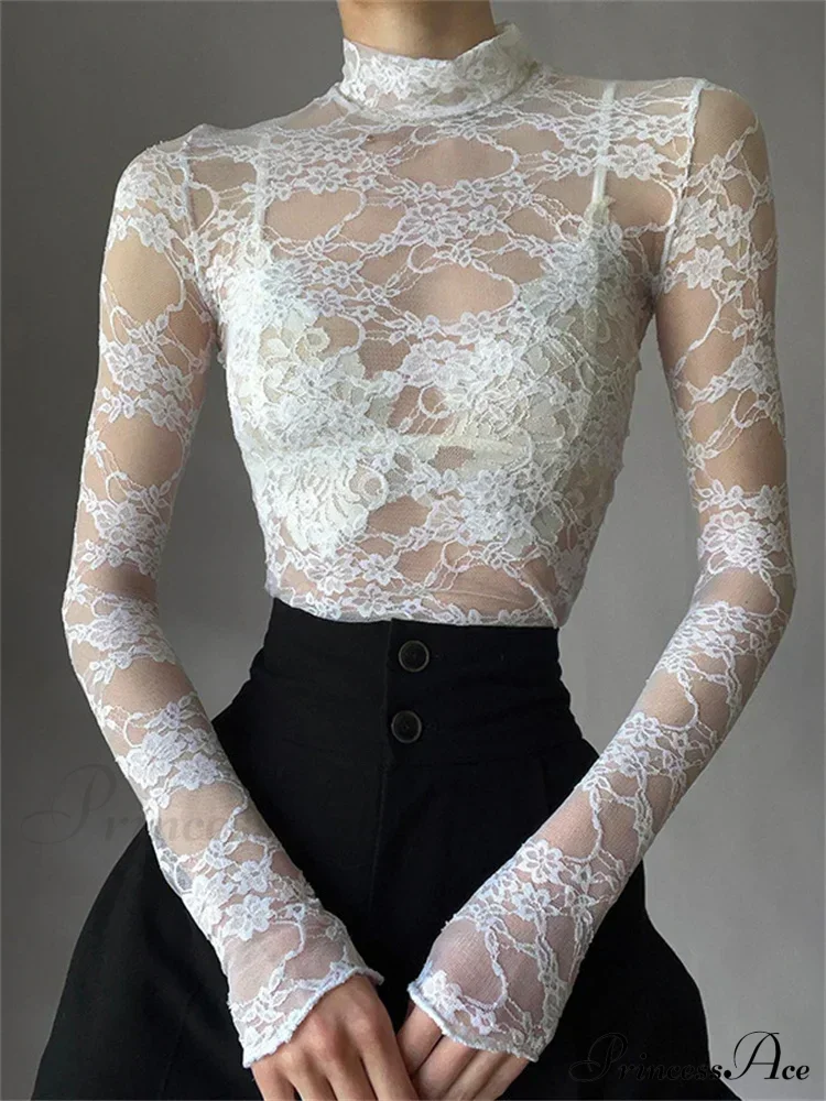 See Through Crop Top Long Sleeve High Neck Lace Floral Slim Fit T-shirts - Image 2