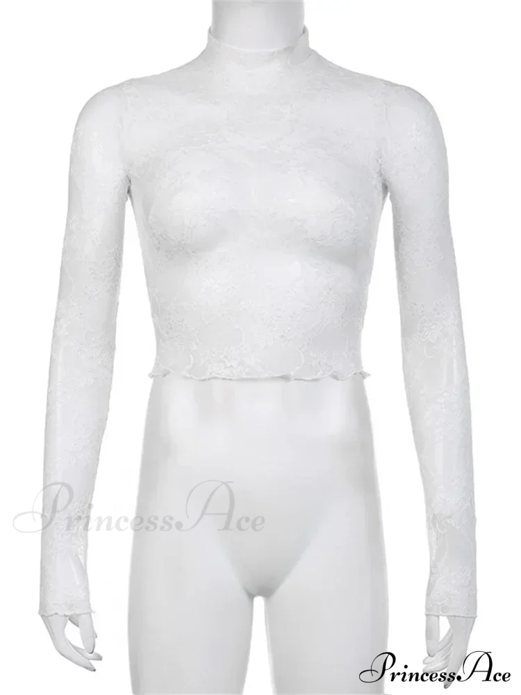 See Through Crop Top Long Sleeve High Neck Lace Floral Slim Fit T-shirts - Image 6