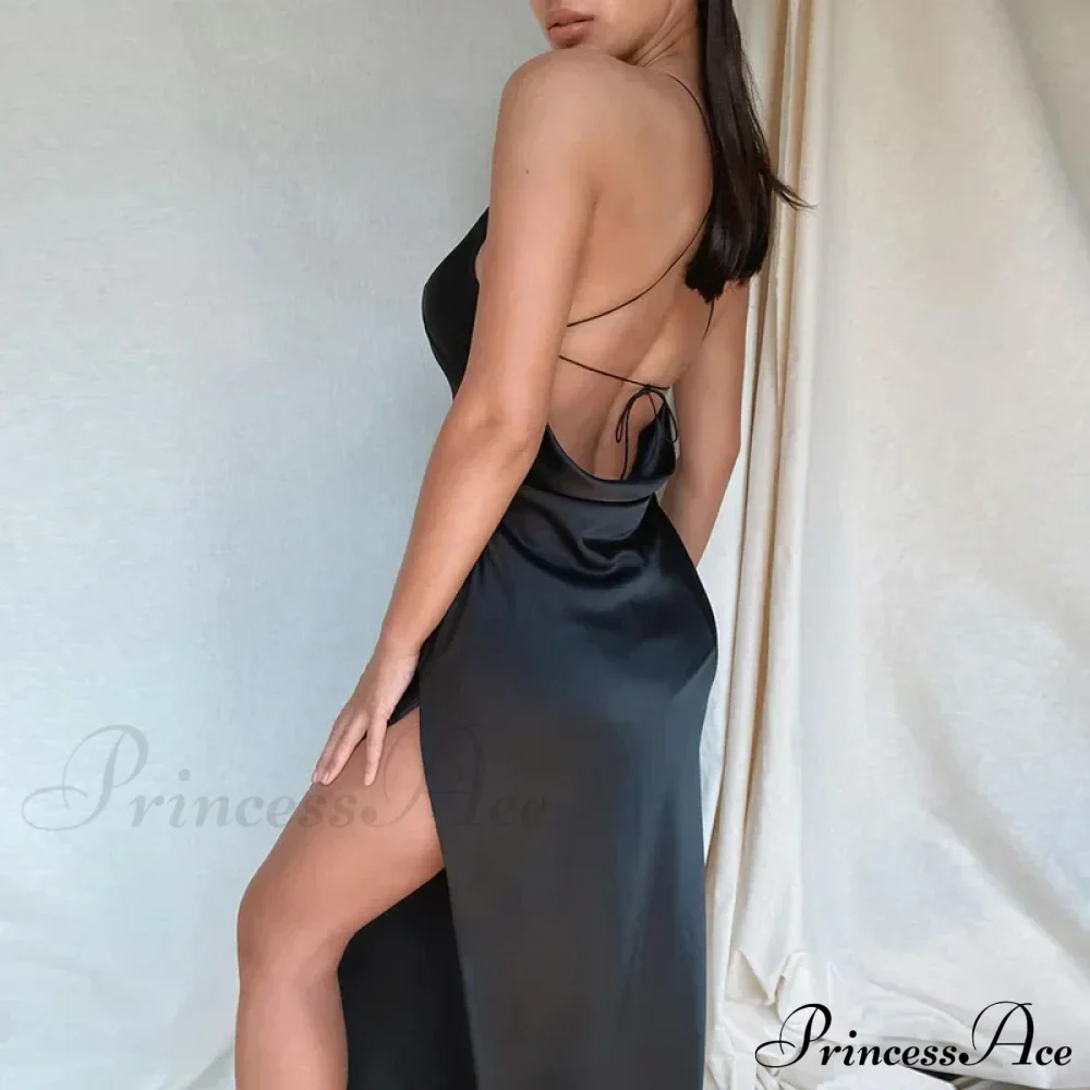 Satin Spaghetti Strap Summer Split V-neck Elegant Sleeveless Backless Club Party Outfits Sexy - Image 7