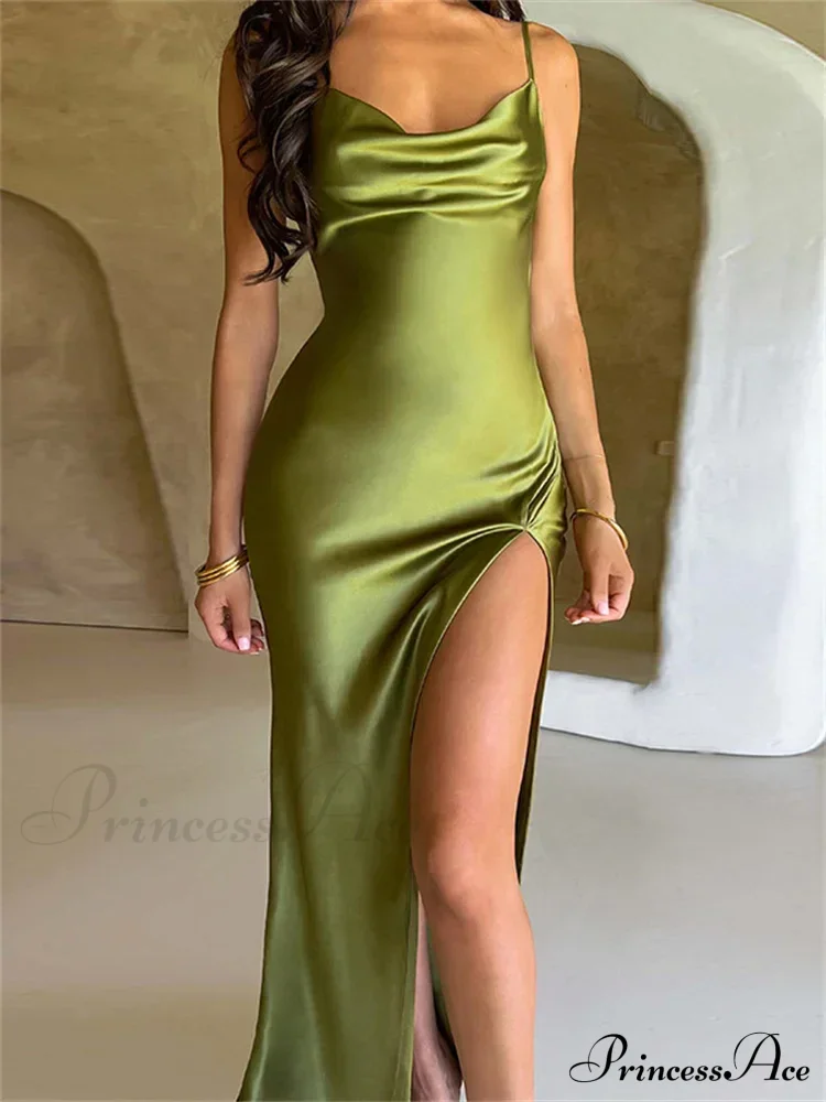 Elegant Satin V-neck Spaghetti Strap Backless Ruched High Split Dress - Image 12