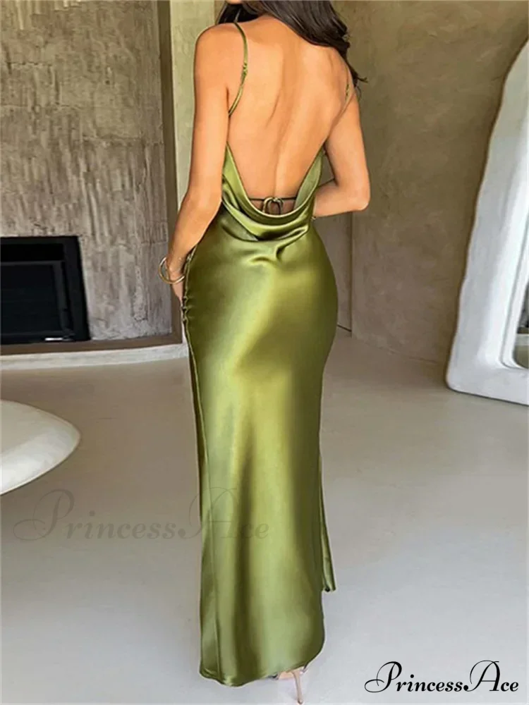 Elegant Satin V-neck Spaghetti Strap Backless Ruched High Split Dress - Image 13