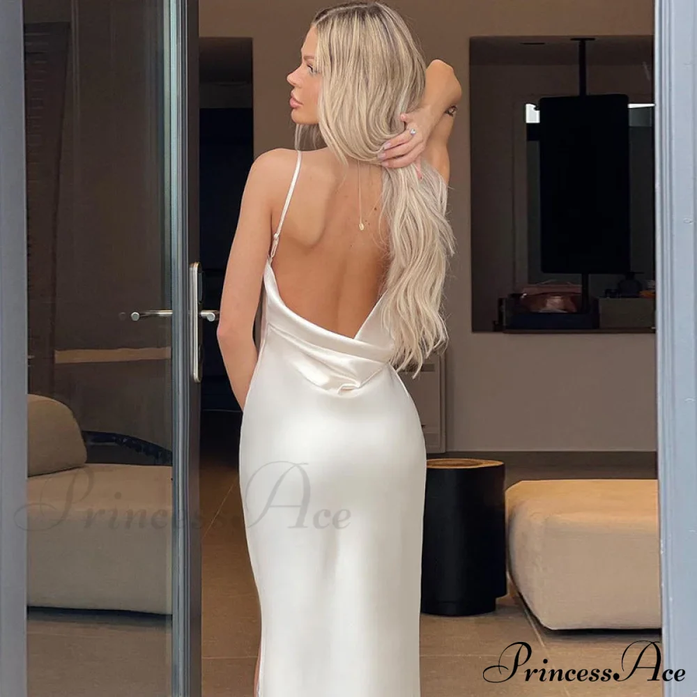 Elegant Satin V-neck Spaghetti Strap Backless Ruched High Split Dress - Image 2