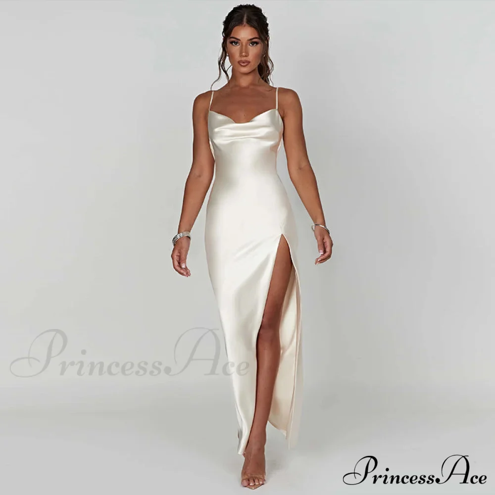 Elegant Satin V-neck Spaghetti Strap Backless Ruched High Split Dress - Image 3