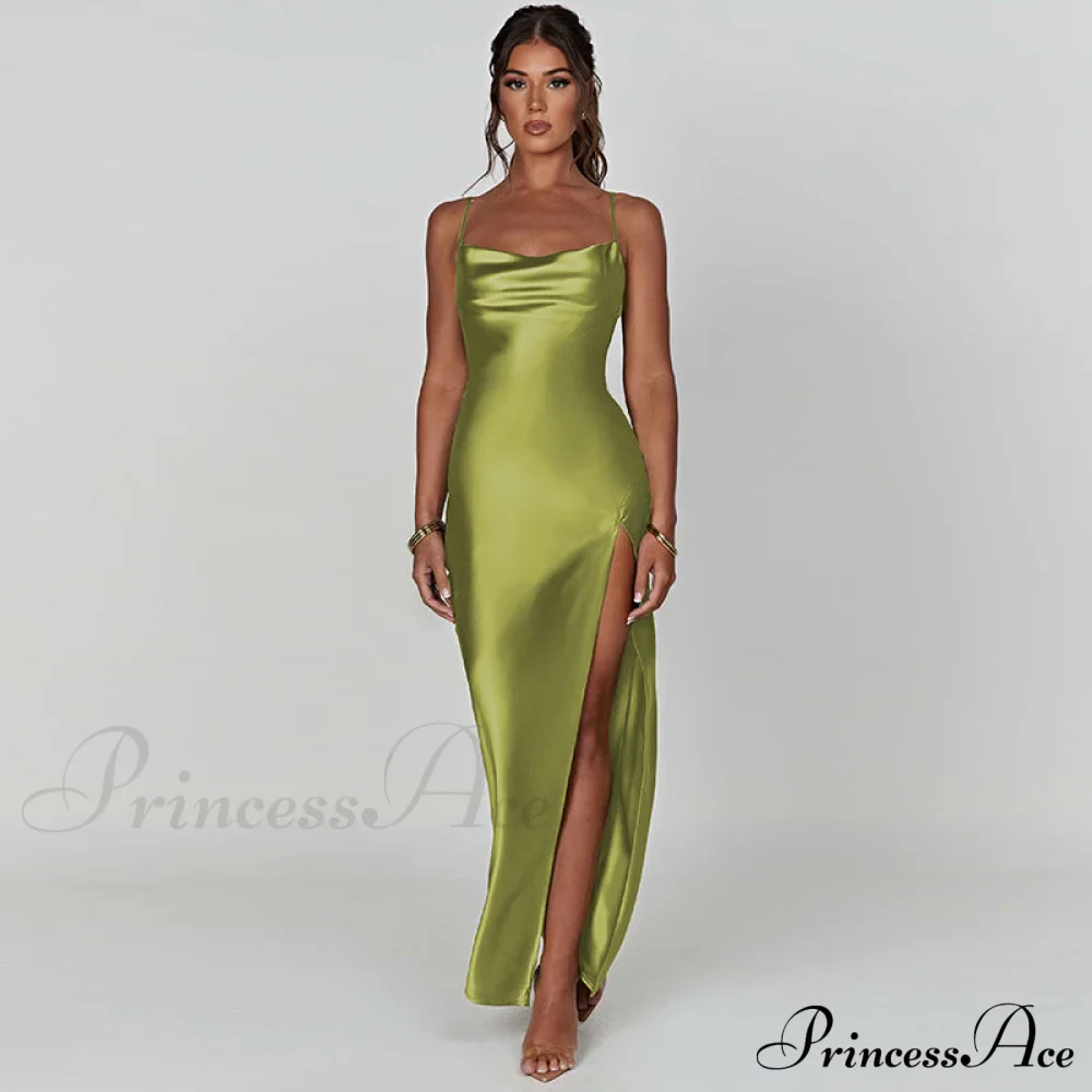 Elegant Satin V-neck Spaghetti Strap Backless Ruched High Split Dress - Image 7