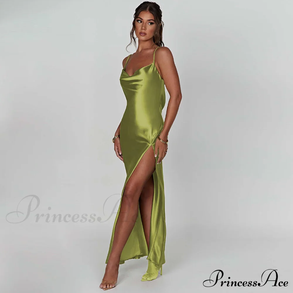 Elegant Satin V-neck Spaghetti Strap Backless Ruched High Split Dress - Image 9
