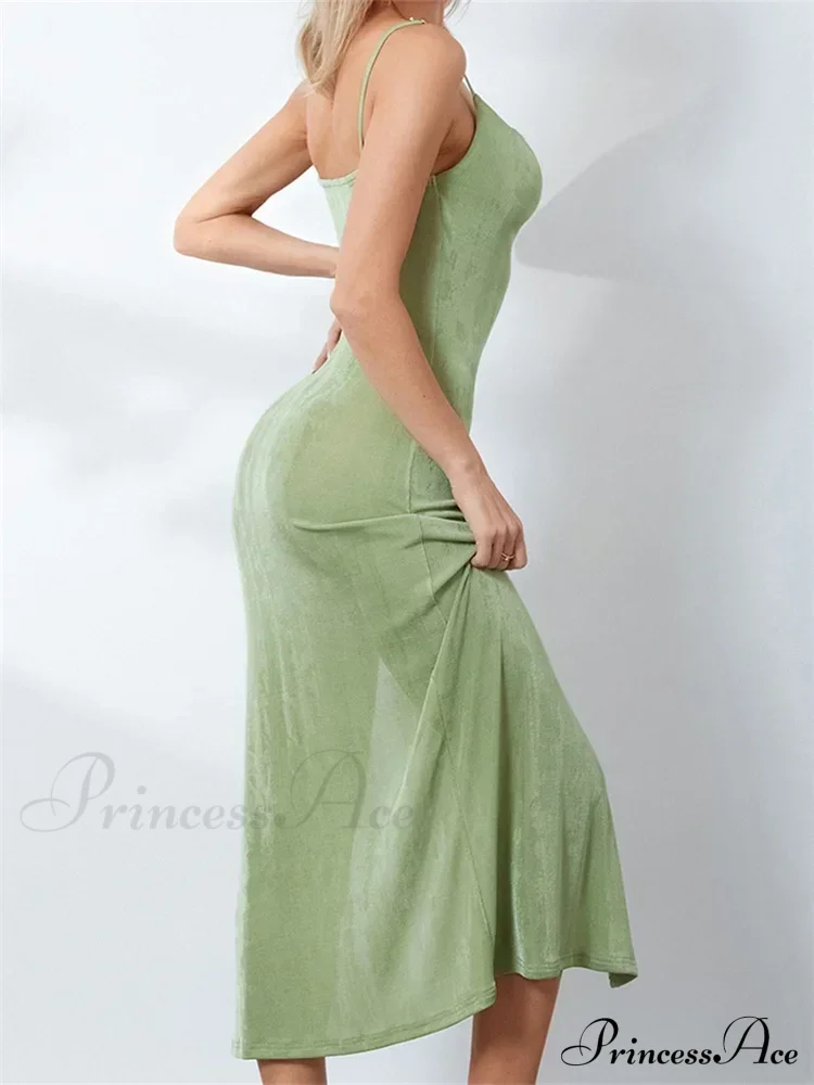 Sexy Women Summer High Split Solid Spaghetti Strap Square Neck Backless Slim Female Vestidos - Image 2