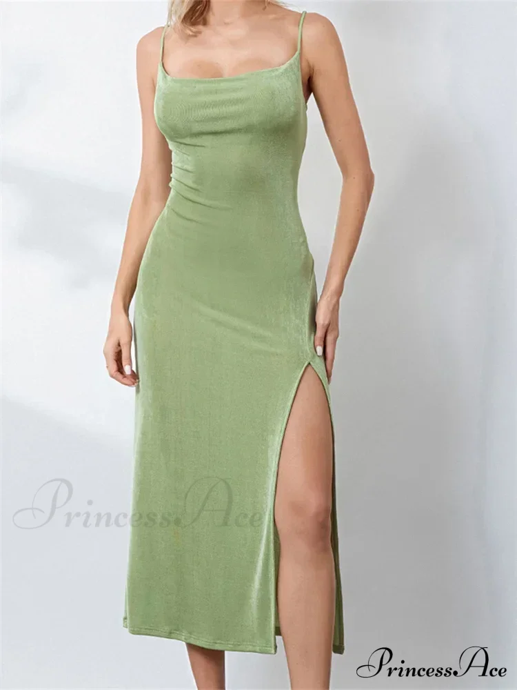 Sexy Women Summer High Split Solid Spaghetti Strap Square Neck Backless Slim Female Vestidos - Image 4