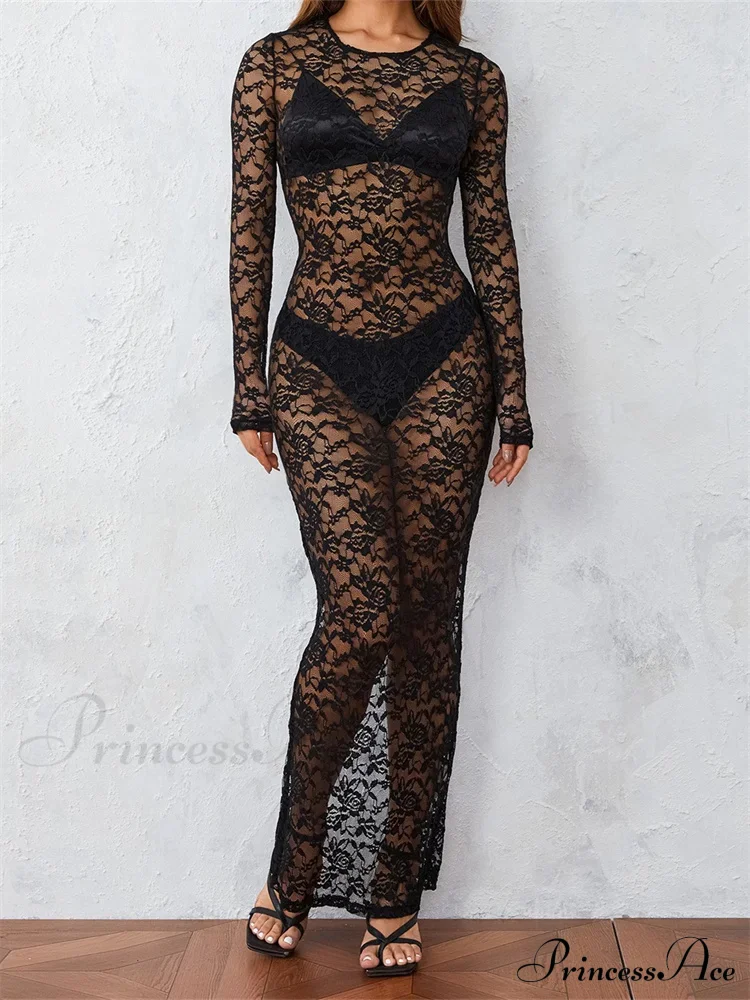 Women Lace Floral See Through Vintage Sleeve Round Neck Solid Back Split Party Female Vestidos - Image 6