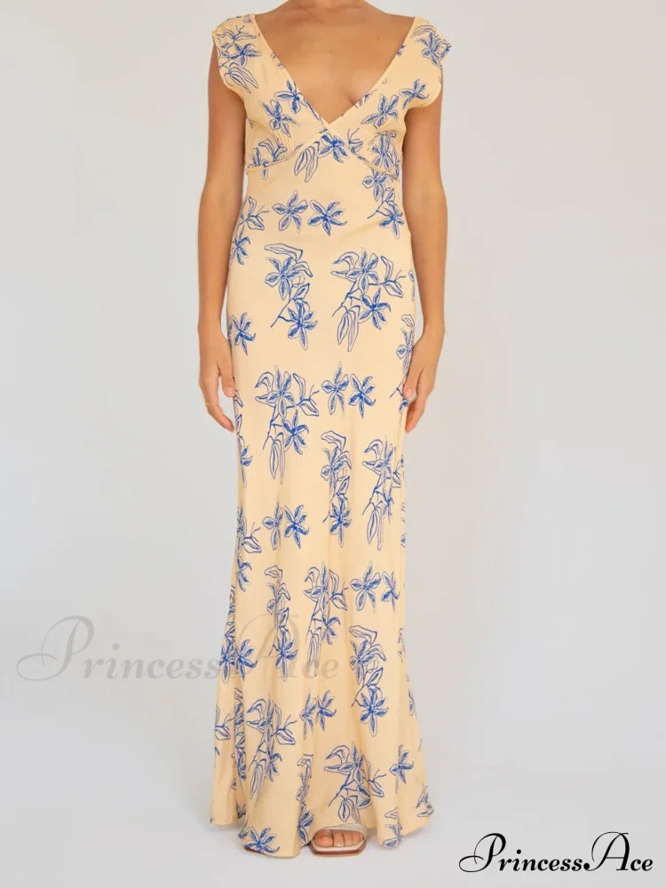 Vintage Women Sleeveless V-neck Backless Flower Print Summer for Vacation Party Female Vestidos - Image 2