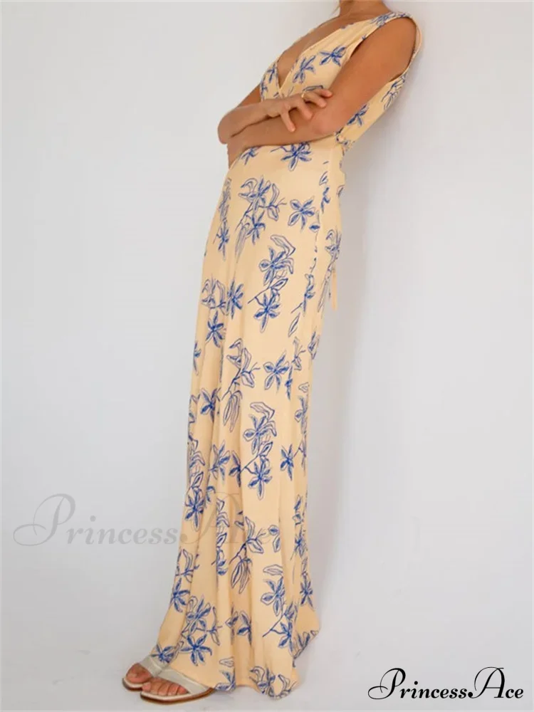 Vintage Women Sleeveless V-neck Backless Flower Print Summer for Vacation Party Female Vestidos - Image 3