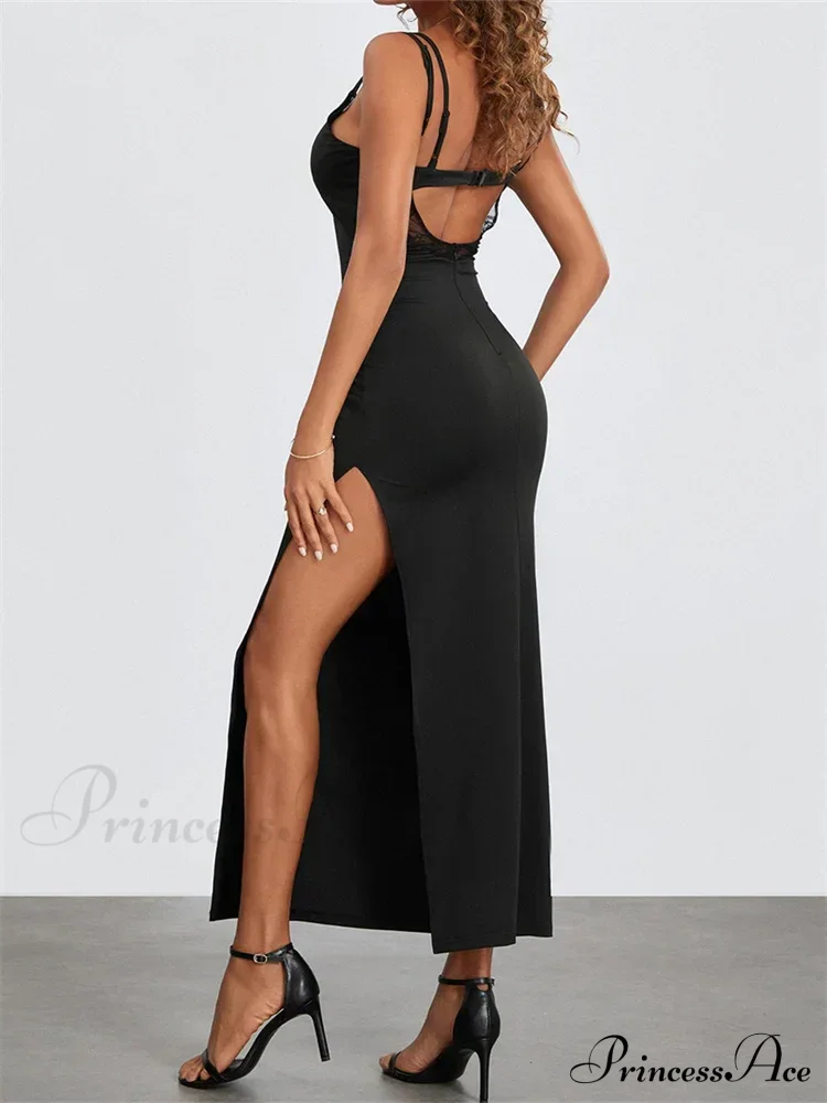 Sexy Women Summer Slim Sleeveless Lace Patchwork Low Cut Cutout Side High Split Summer Party Vestido - Image 3