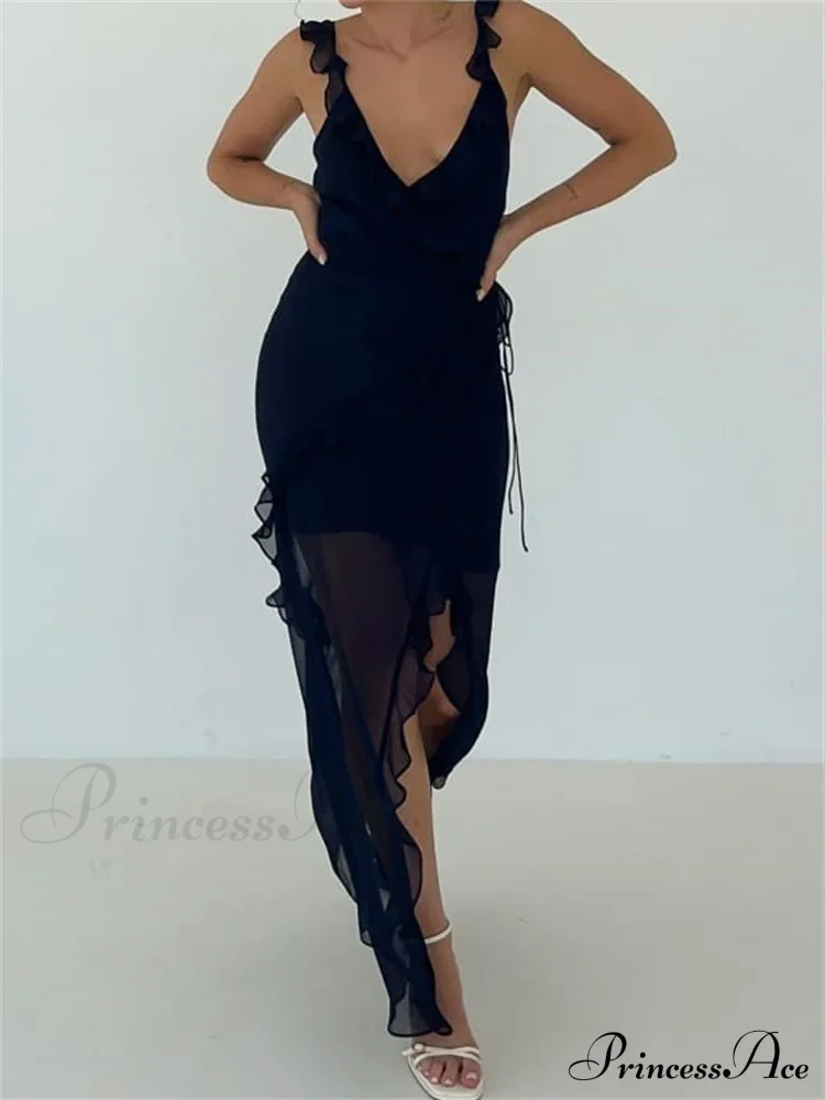 Women Sleeveless Ruffles Solid Color V Neck Casual High Split Party for Cocktail Summer Streetwear - Image 4