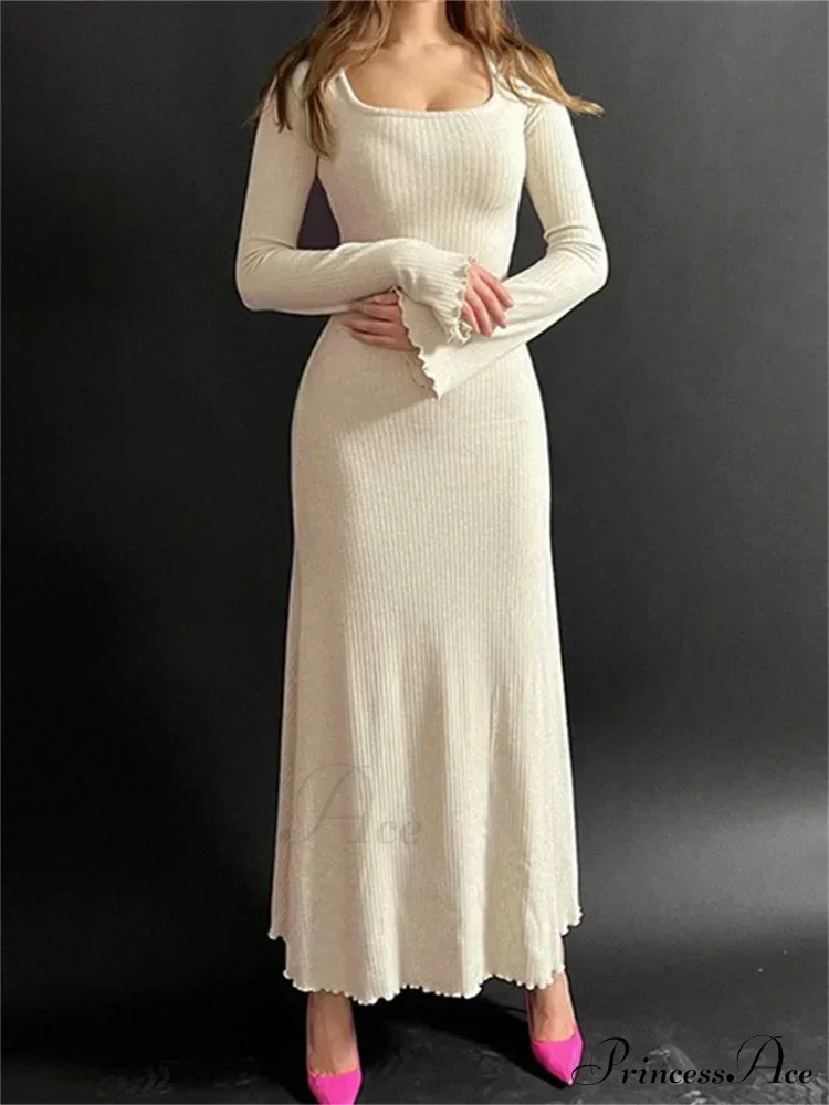 Elegant Women Ribbed Sleeve Square Neck Solid Slim Fit Fall Party Vestido Streetwear - Image 2