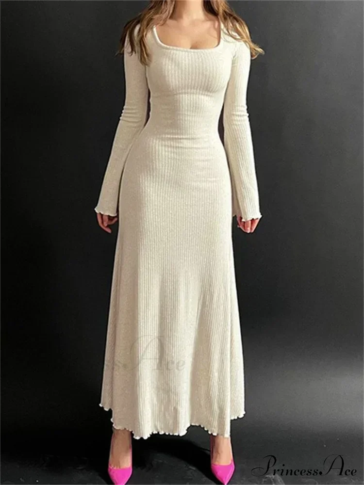 Elegant Women Ribbed Sleeve Square Neck Solid Slim Fit Fall Party Vestido Streetwear - Image 7