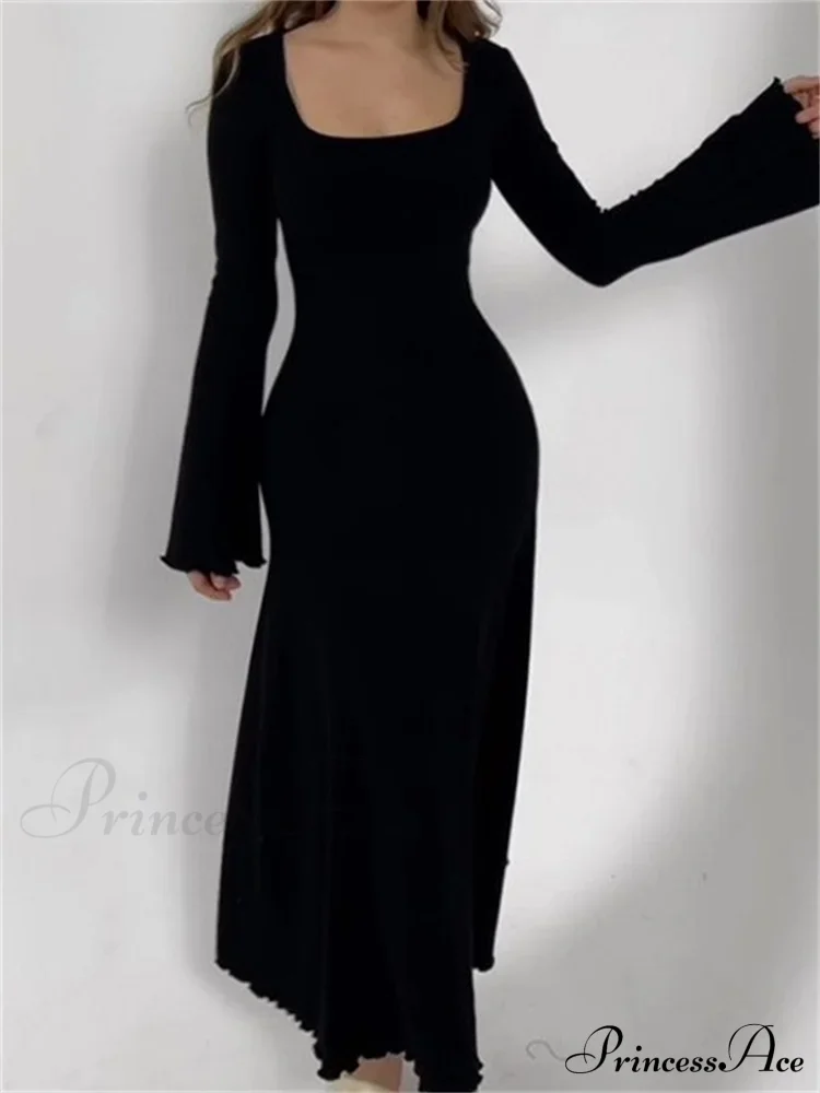 Elegant Women Ribbed Sleeve Square Neck Solid Slim Fit Fall Party Vestido Streetwear - Image 8