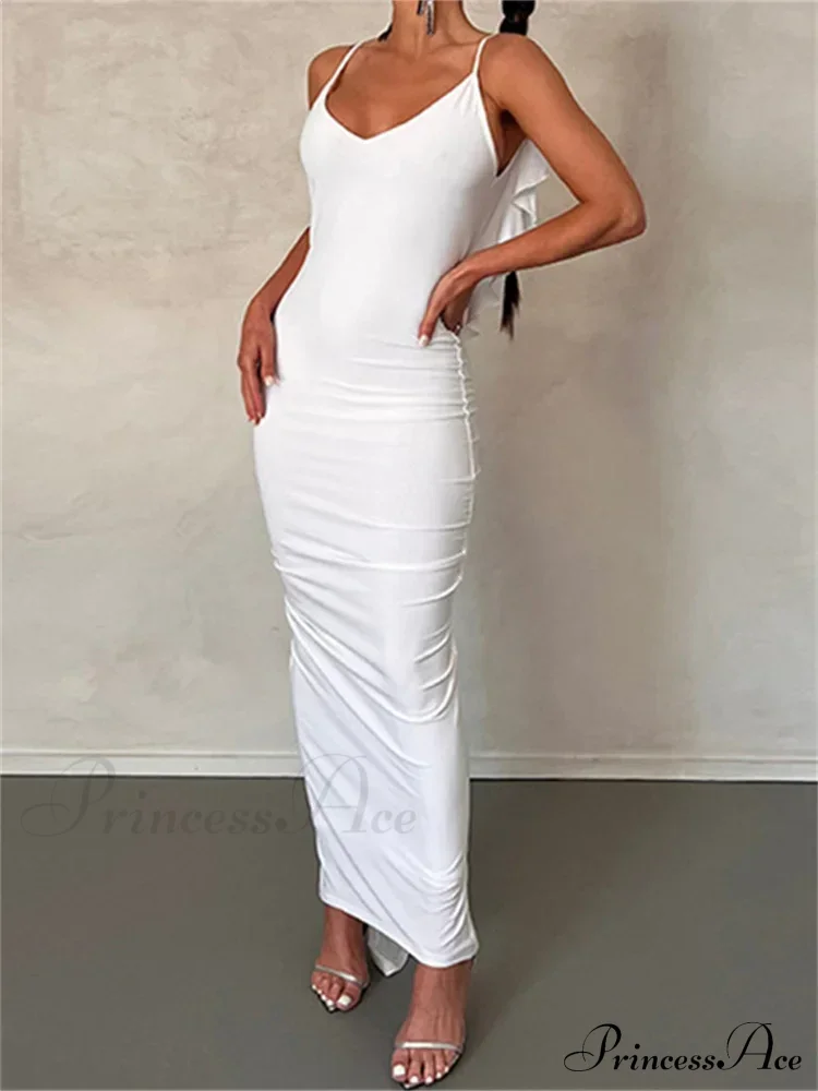 Women Sexy Spaghetti Strap Backless Bodycon V-neck Ruffles Ruched Party Evening Clubwear Vestidos - Image 5