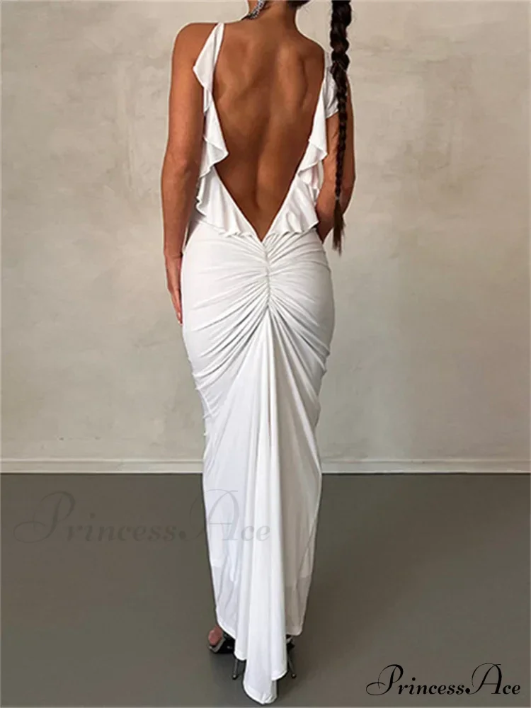 Women Sexy Spaghetti Strap Backless Bodycon V-neck Ruffles Ruched Party Evening Clubwear Vestidos - Image 9