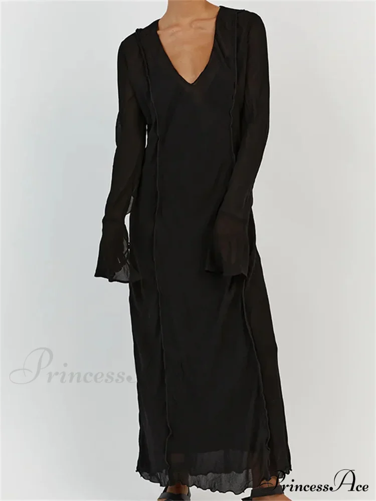 Women Sleeve Loose Casual V Neck Mesh See Through Party Beach Cocktail Club Vestidos Streetwear - Image 4