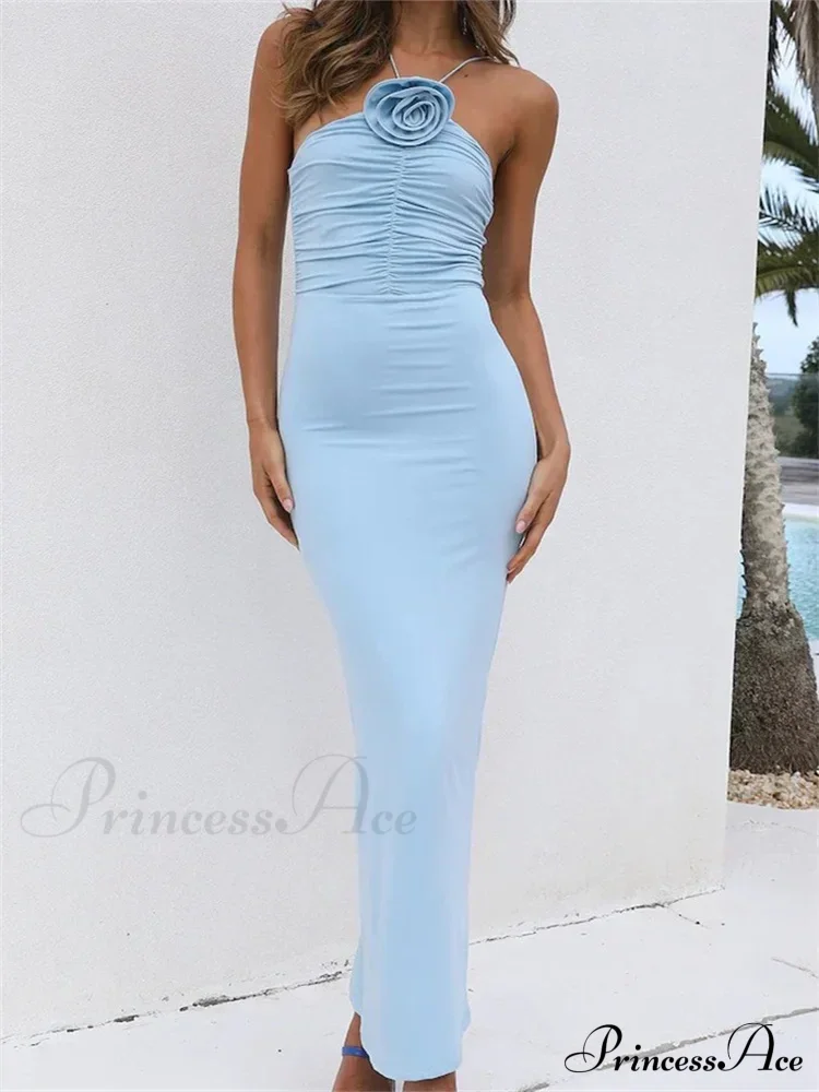 Women Summer Halter Beach Solid 3D Flower Ruched Backless Sleeveless Off Shoulder Female Vestidos - Image 8