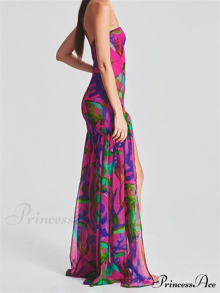 Women Tube Slim Strapless Off Shoulder Mesh Patchwork Leopard Floral Print Split Party Club Vestidos - Image 3