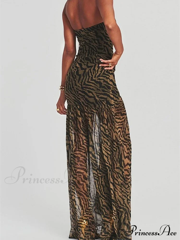 Women Tube Slim Strapless Off Shoulder Mesh Patchwork Leopard Floral Print Split Party Club Vestidos - Image 6