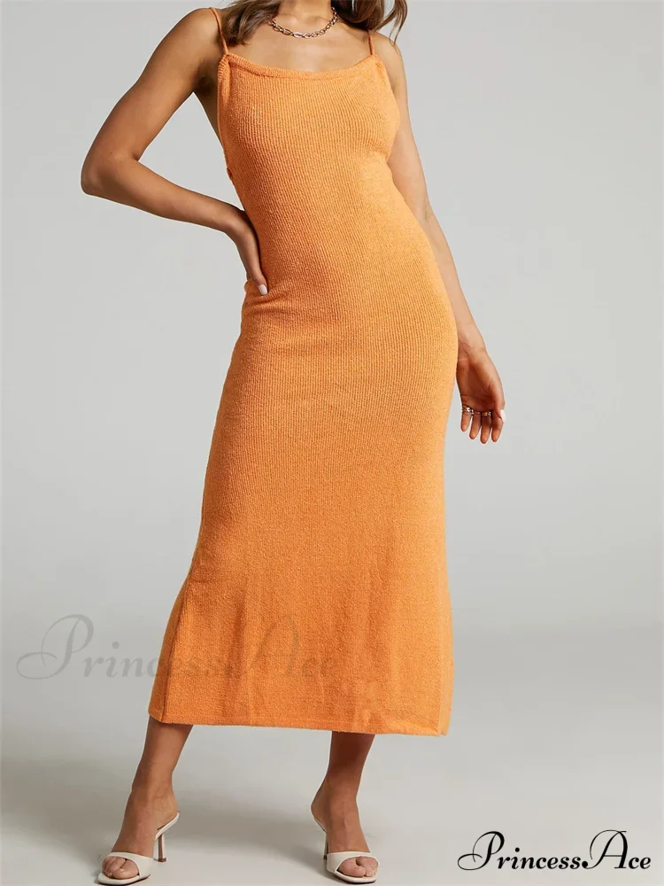 Sexy Women Knitted Summer Solid Color Sleeveless Spaghetti Strap Low Cut O-neck Backless Vestidos - Image 11