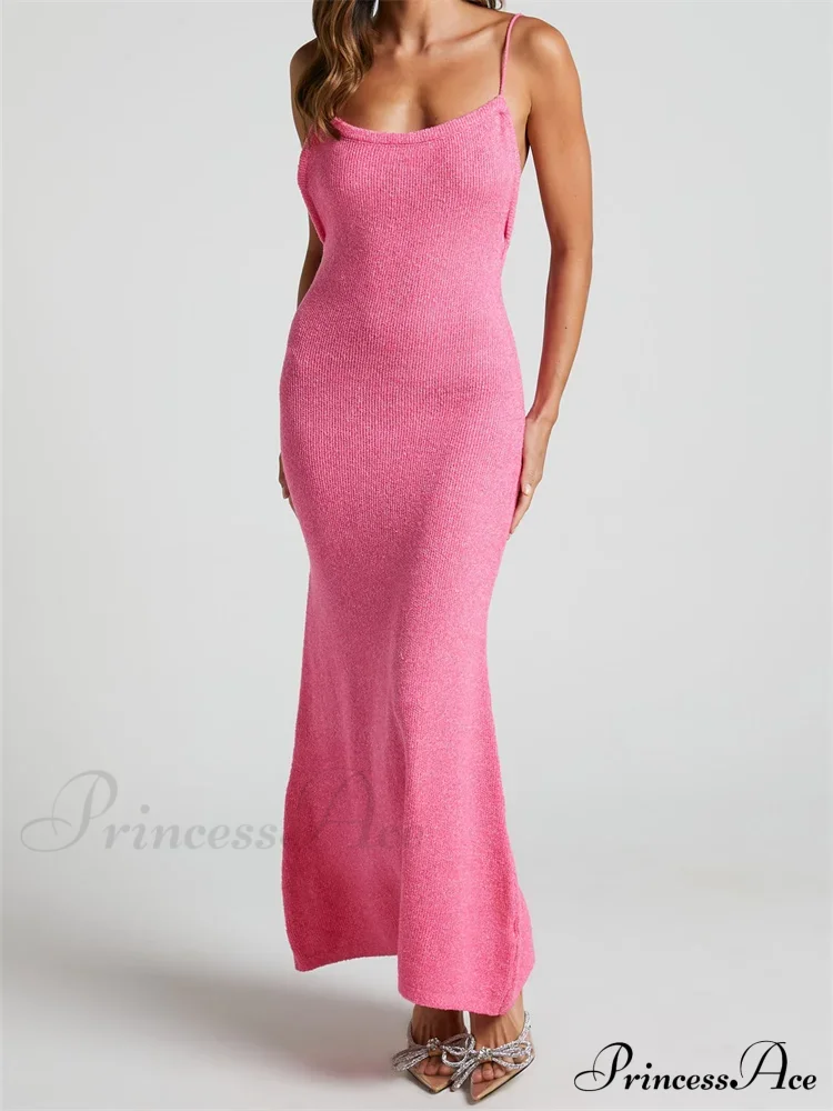 Sexy Women Knitted Summer Solid Color Sleeveless Spaghetti Strap Low Cut O-neck Backless Vestidos - Image 12