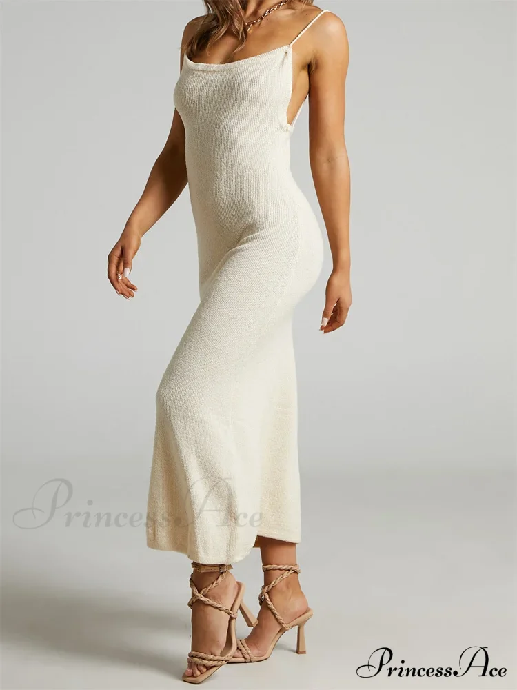 Sexy Women Knitted Summer Solid Color Sleeveless Spaghetti Strap Low Cut O-neck Backless Vestidos - Image 7