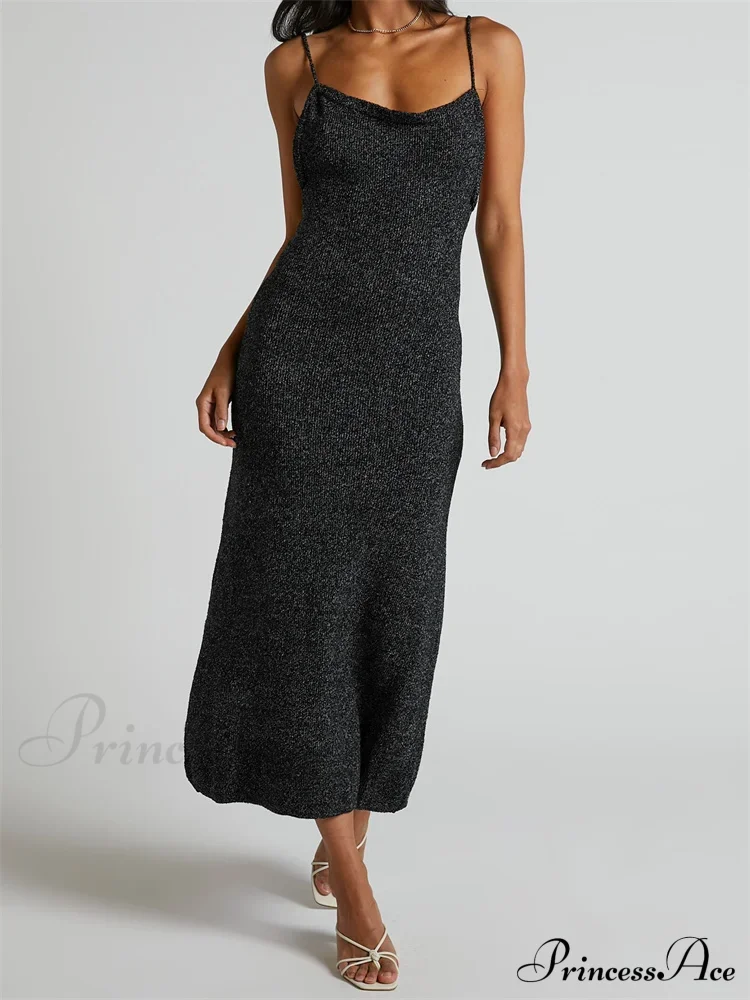 Sexy Women Knitted Summer Solid Color Sleeveless Spaghetti Strap Low Cut O-neck Backless Vestidos - Image 8