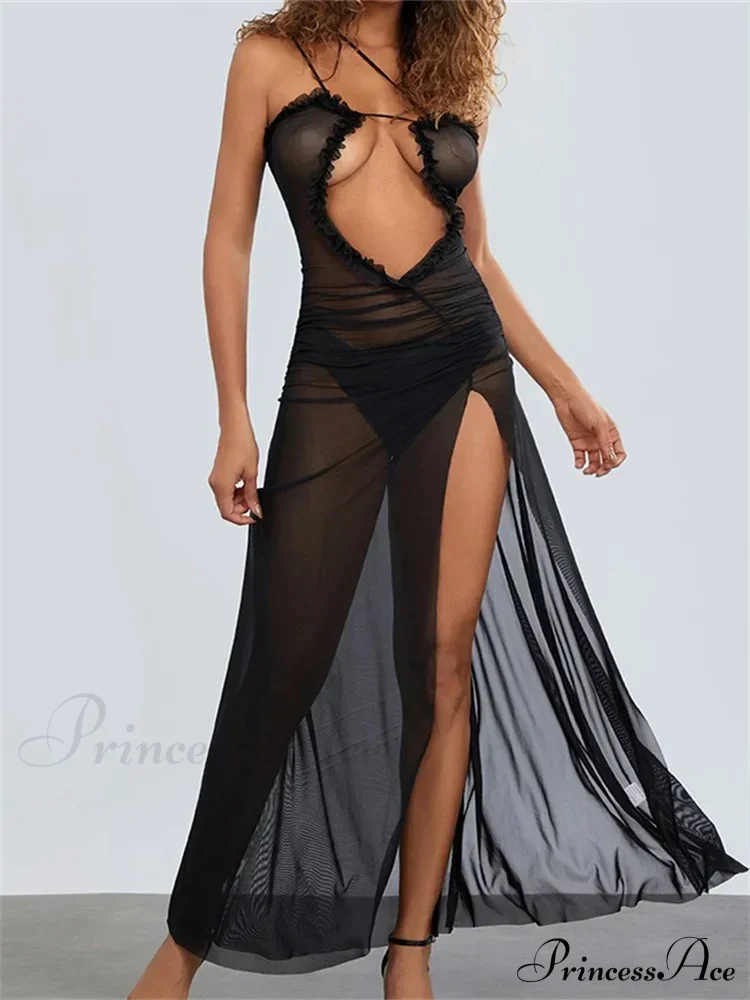 Mesh Sheer See Through for Women Sexy Sleeveless Strap Ruffle Deep V-neck High Split Beach Cover Ups - Image 4