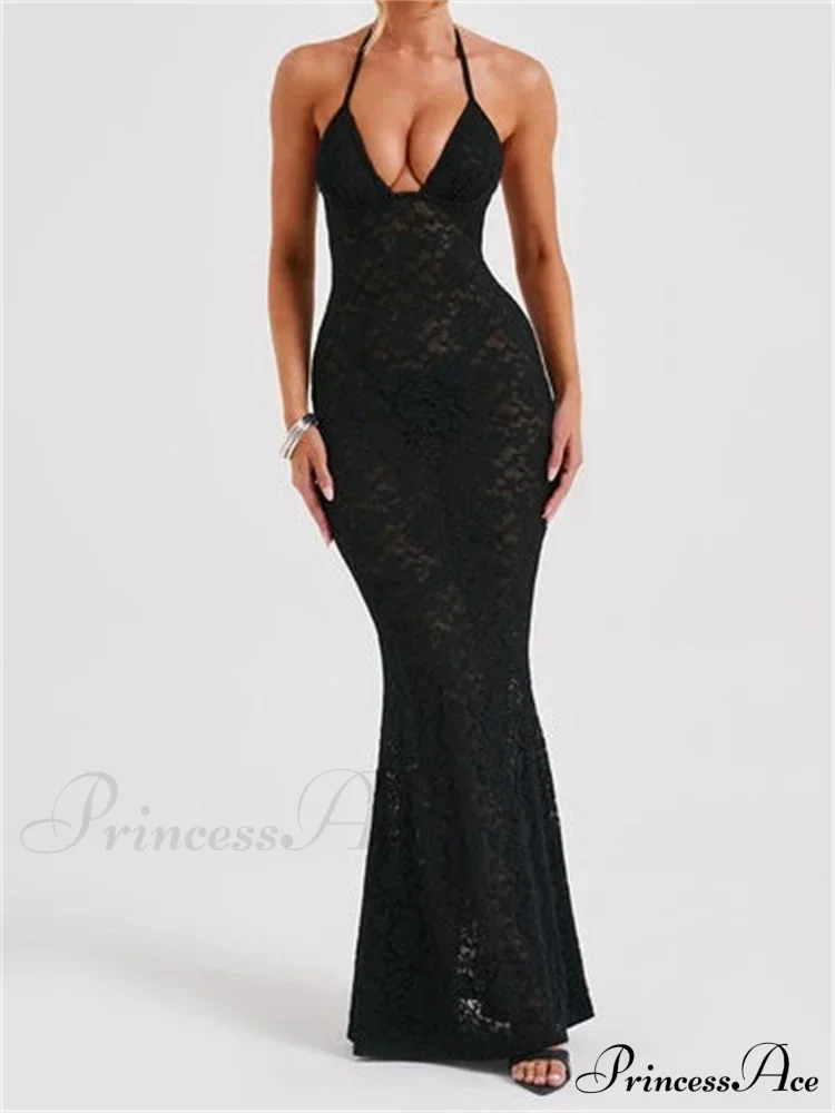 Sexy Women Lace Sexy Mesh See Through Summer Off Shoulder V-neck Halter Black Beach Female Vestidos - Image 4