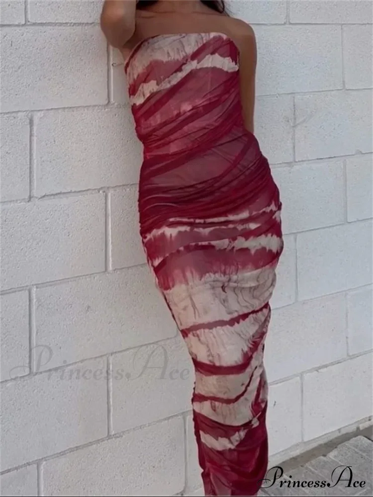 Irregular Tie Dyeing Print Tube for Women Summer Beach Party Clubwear Strapless Off Shoulder Ruched Dress - Image 8