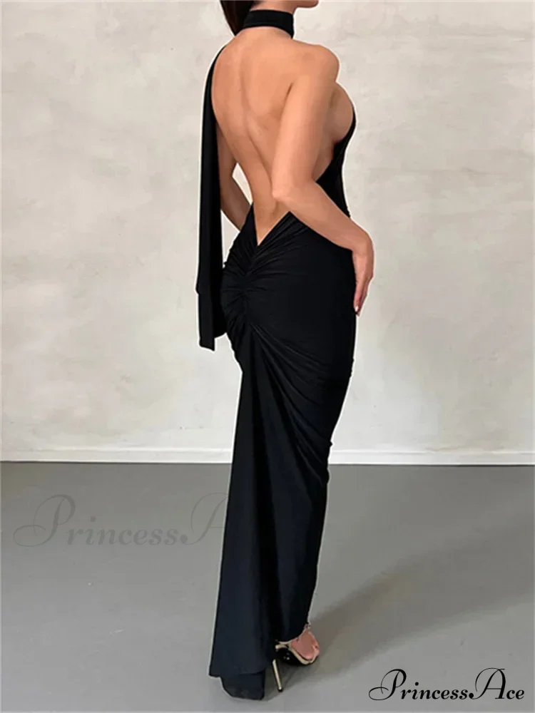 Women Halter Lace-up Sleeveless Off Shoulder Backless Ruched Party Club Solid Color Female Vestidos - Image 7