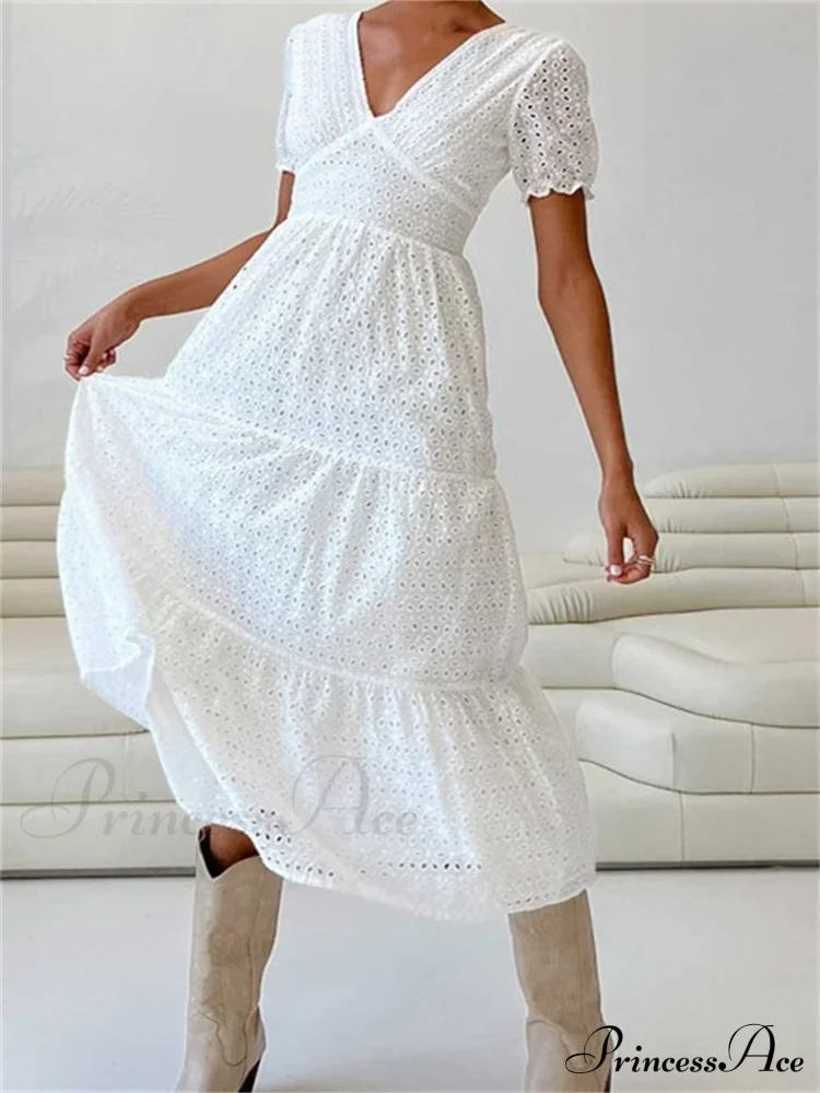 Elegant Women Summer Short Sleeve A-Line Solid V-neck Lace Floral Backless Tie-up Party Vestido - Image 5