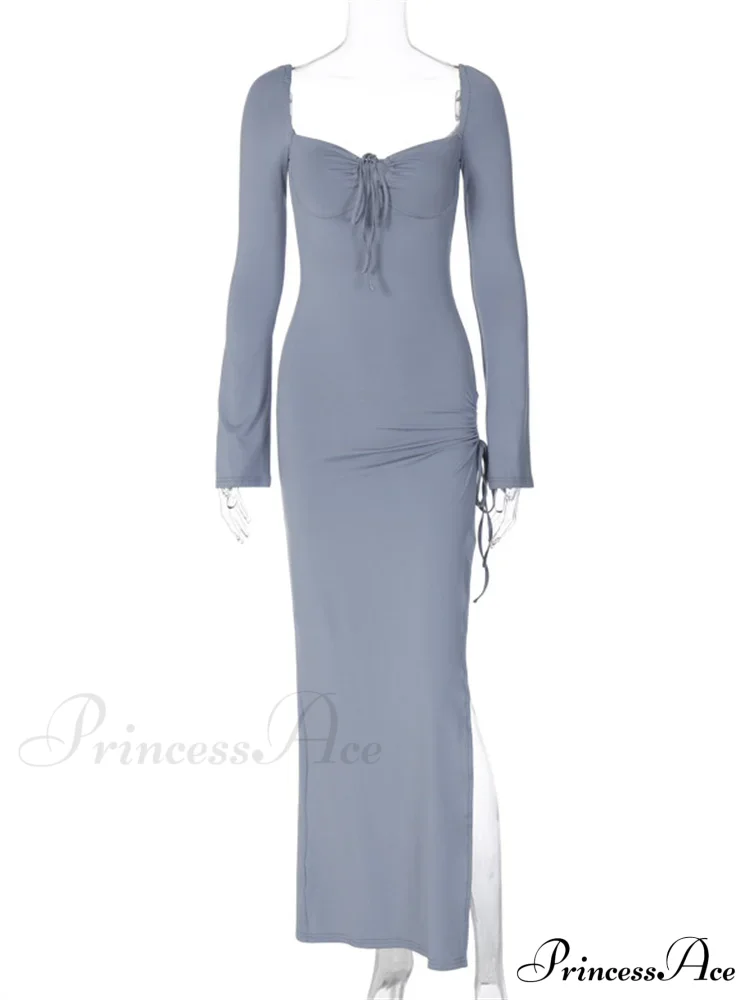 Women Sleeve Low-cut Tie-up Solid Color Slim Fit Cocktail Party High Split Female Vestidos - Image 3