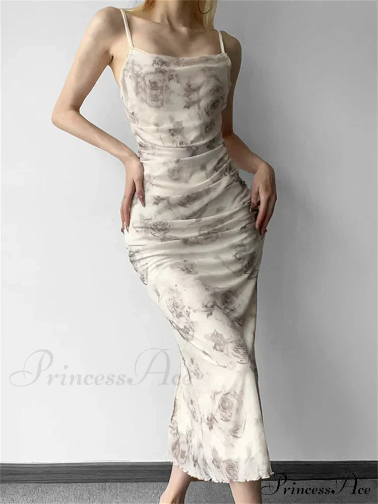 Retro Floral Print for Women Sleeveless Strap V-neck Ruched Split Summer Party Female Vestidos - Image 2