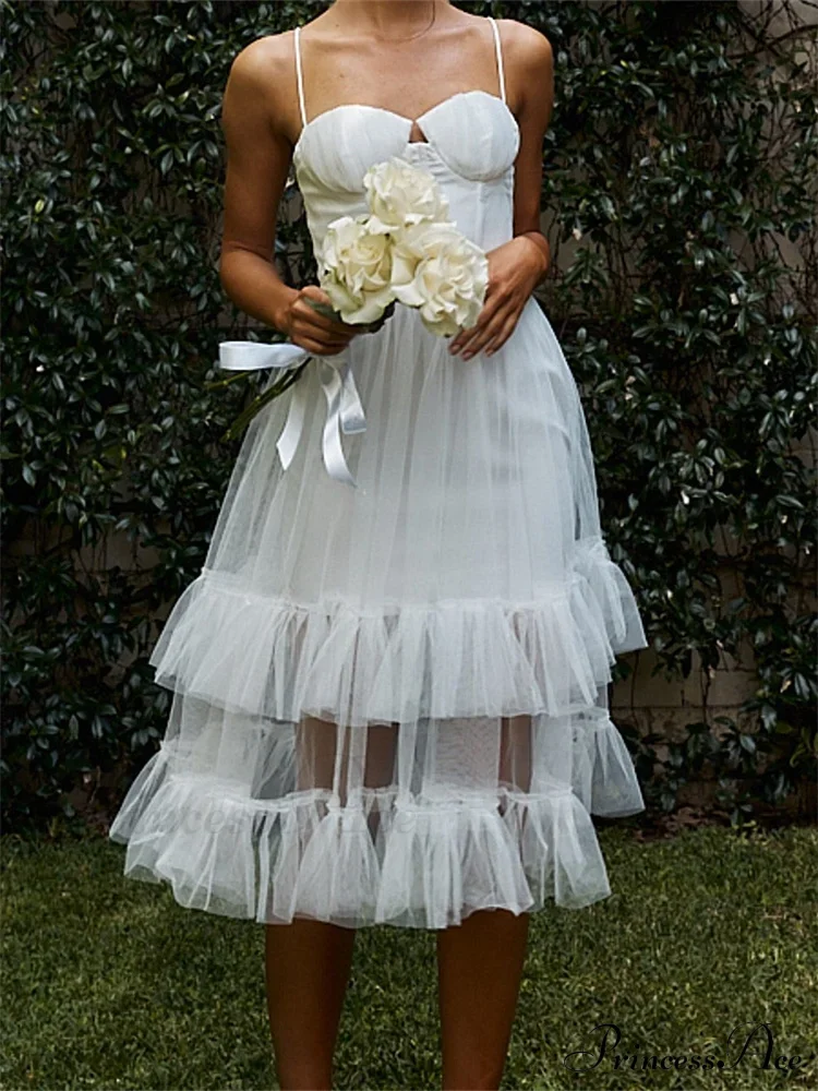Women Summer Solid Color Sleeveless Strap Summer Layered Tulle Ruffles Backless Party Vestidos - Image 4